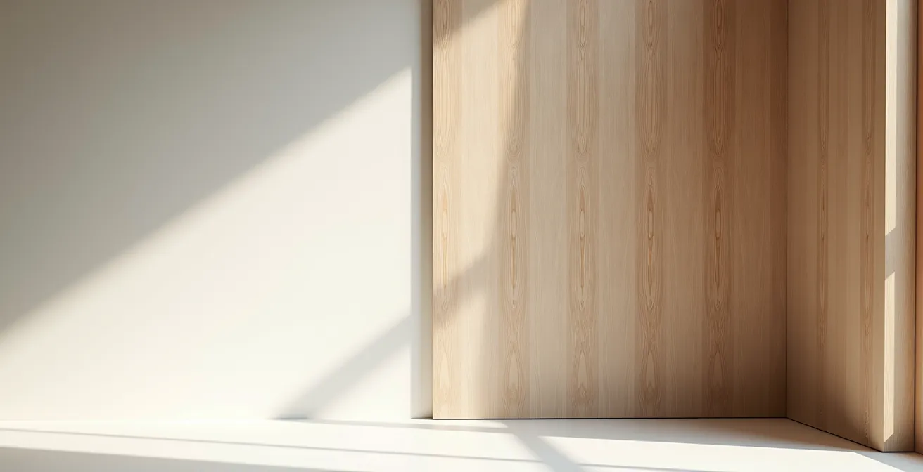 Détail d'un mur en bois éclairé par lumière rasante révélant les veines