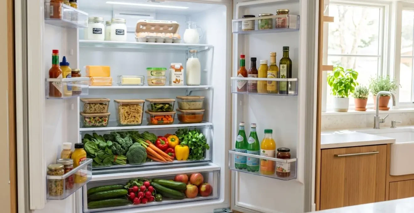 Intérieur d'un réfrigérateur encastrable bien organisé dans une cuisine moderne et lumineuse