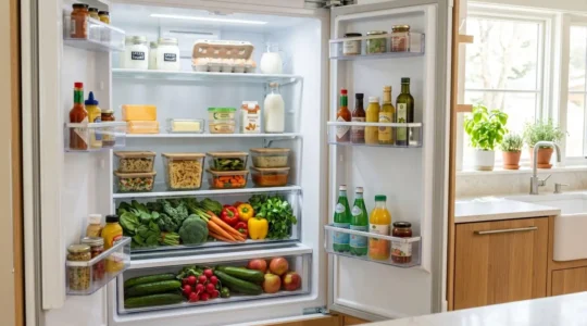 Intérieur d'un réfrigérateur encastrable bien organisé dans une cuisine moderne et lumineuse