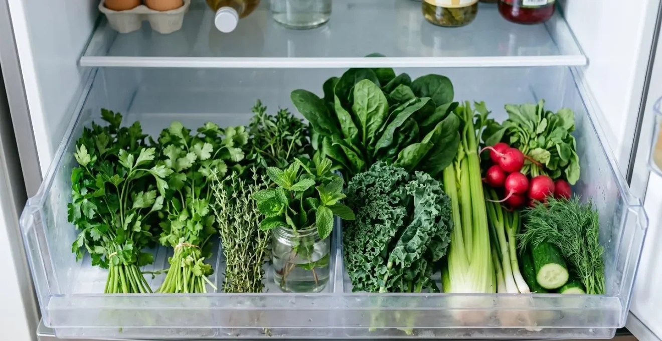 Bac à légumes d'un réfrigérateur encastrable avec herbes fraîches et légumes bien organisés